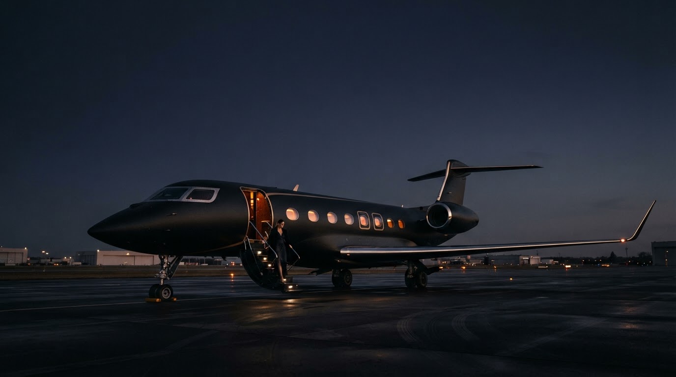 Private jet on the apron at twilight